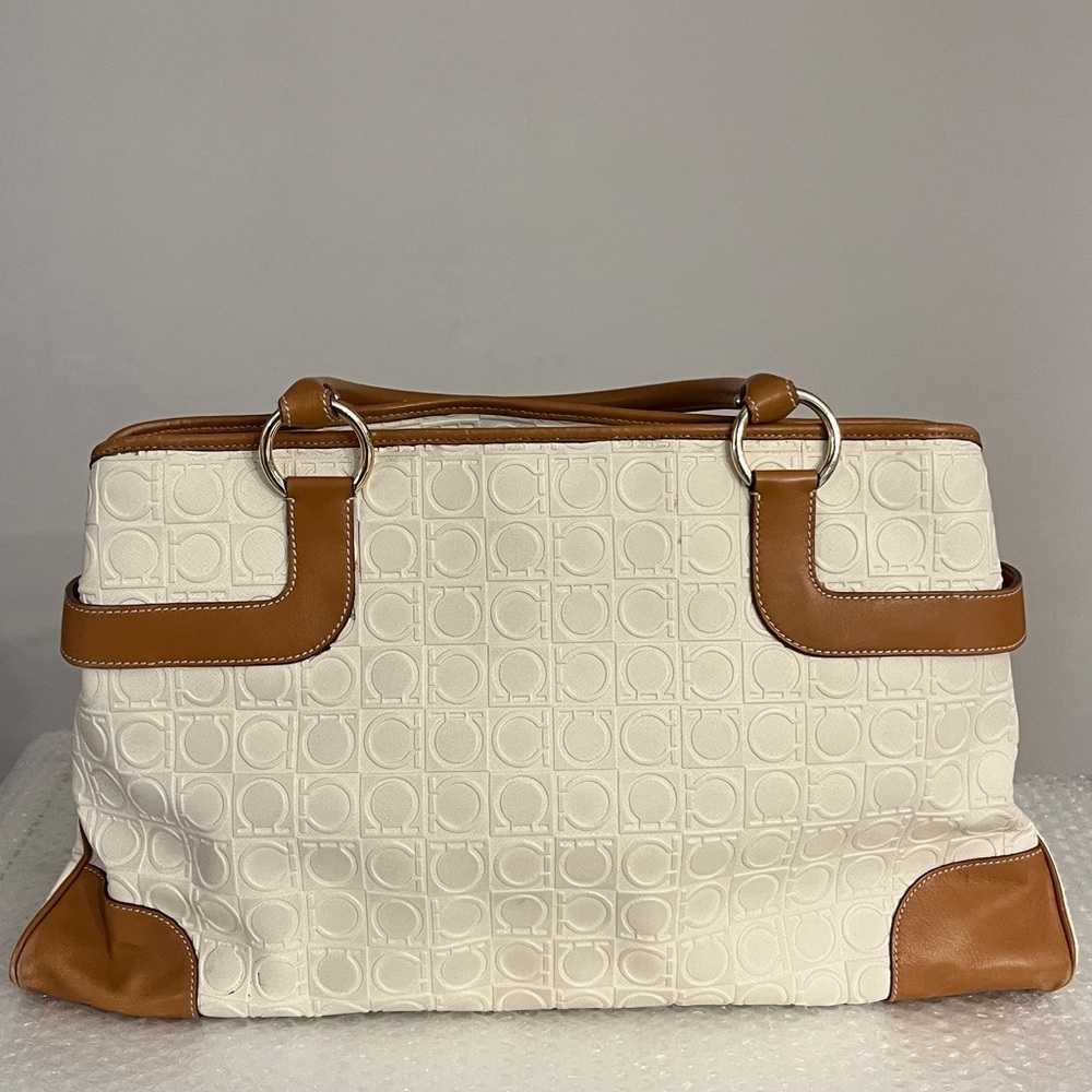 Ferragamo Cream and Tan Gancini Embossed Satchel